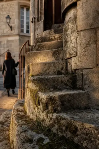 Weathered stone staircase with moss and engravings on a historic building in warm afternoon light, with a solitary figure absorbed in discovery.