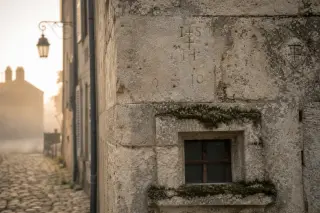 Textured old stone facade with faint engraved marks above a mossy window, softly lit by morning sun and mist, in a quiet historic street.