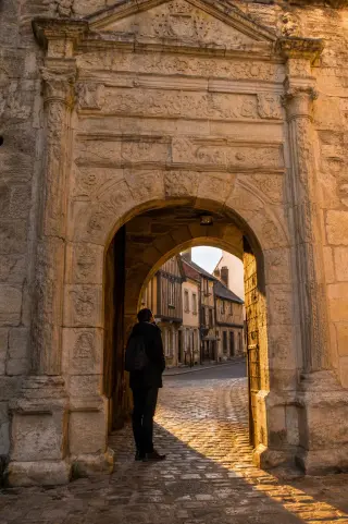 Weathered stone Renaissance archway at sunset in Wassy, with a contemplative figure standing inside, and cobbled medieval alley in soft focus beyond.
