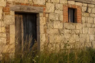 Detail of an old barn's stone and brick wall in rural Champagne with golden late afternoon light and wild grass at the base.